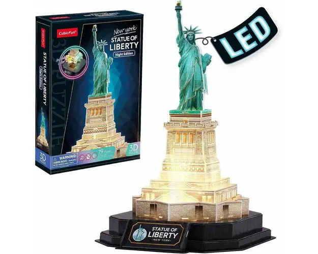 Puzzle 3D, Cubic Fun, Statuia Libertatii, Editie luminoasa, 79 piese, 8 ani+, Multicolor