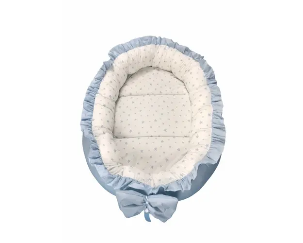 Cuib baby nest bebelusi cu volanase albastru pal - stelute albastre pe alb LUX