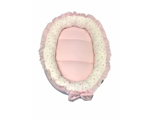 Cuib baby nest bebelusi cu volanase roz pal - stelute roz pe alb LUX