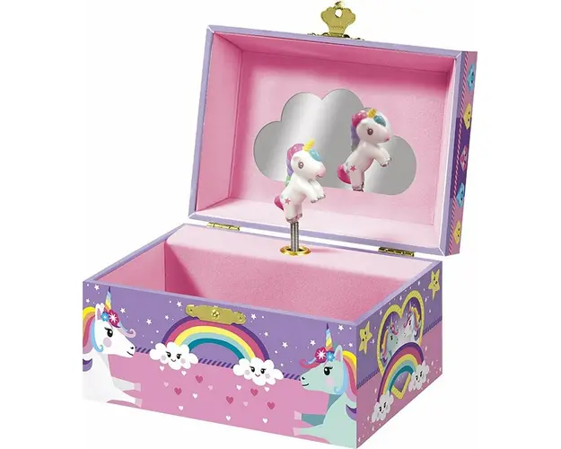 Cutie muzicala pentru bijuterii cu figurina unicorn si oglinda