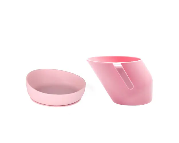 Set de hranire, Doidy, Cu 2 piese, Cana inclinata cu manere, Fara bisfenol-A, ftalati si PVC si bol inclinat cu ventuza, Din silicon, Fara BPA. Antialunecare, 3 luni+, Roz
