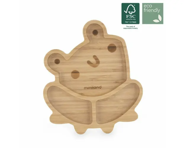 Farfuriuta de lemn compartimentata cu baza silicon Frog Miniland