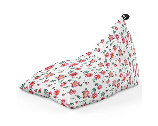 Fotoliu Puf Bean Bag tip Lounge, Alb cu Flori Rosii