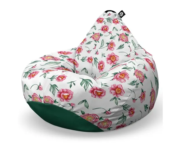Fotoliu Puf Bean Bag tip Para L, Alb cu Flori Rosii