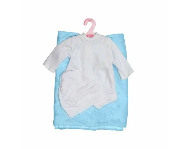 Hainute pentru papusi de 42 cm, body alb cu caciulita si paturica albastra, Antonio Juan