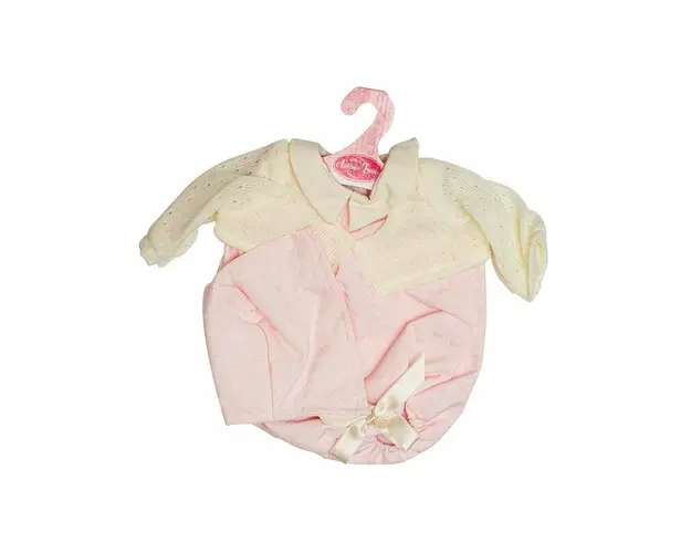 Hainute pentru papusi de 42 cm, body roz, cardigan alb si caciulita roz, Antonio Juan