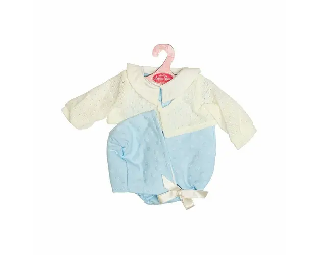 Hainute pentru papusi de 42 cm, body si caciula albastra, cardigan alb, Antonio Juan