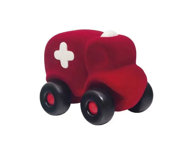 Jucarie cauciuc natural Ambulanta, 18 cm, rosie, Rubbabu