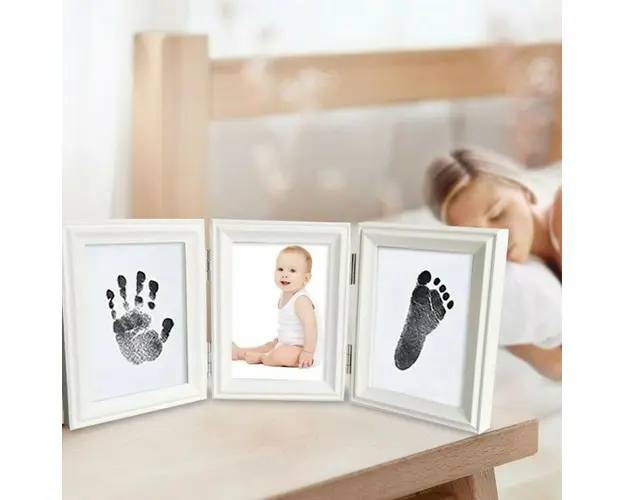 Kit rama foto tripla mobila cu cerneala pentru manuta si piciorus Drool (Culoare rama: Alb, Culoare ink: Negru)