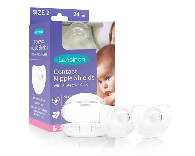 Protectoare mamelon, Lansinoh, 2 buc, 24 mm, Din silicon, Fara BPA, Cu cutie depozitare, Transparent