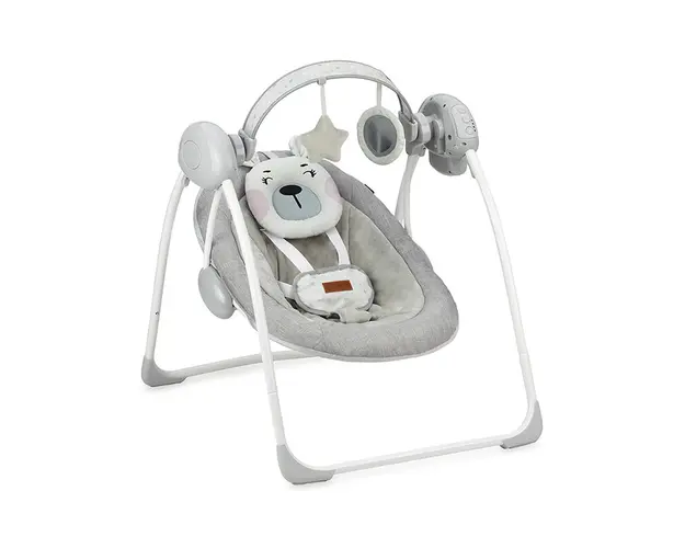 Leagan pentru bebelusi, MoMi LISS Bear, Gri/Turcoaz, 5 viteze de balansare, Cronometru, Alimentare baterii, 8 melodii, 2 jucarii incluse, Centura in 5 puncte