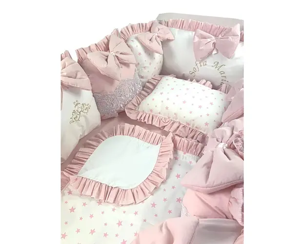 Lenjeria cu aparatori pat 140x70 cm din 13 pernute Roz pal LUX by Deseda