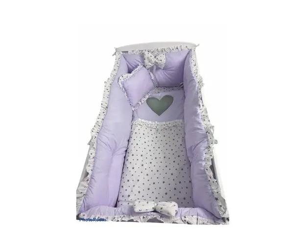 Lenjeria cu aparatori Super groase si inimioara gri Lila pal - stelute gri pe alb pat 140x70 cm