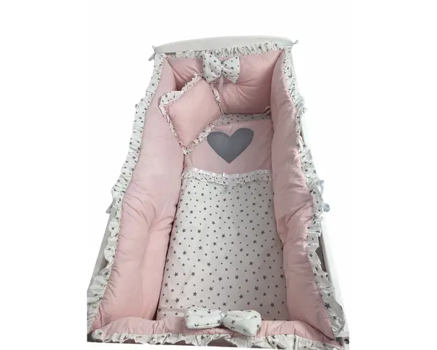 Lenjeria cu aparatori Super groase si inimioara gri Roz pal - stelute gri pe alb pat 140x70 cm