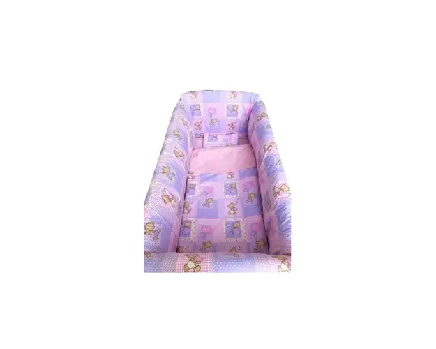 Lenjeria de patut bebelusi 140x70 cm cu aparatori Maxi Deseda Ursi in carouri pe roz