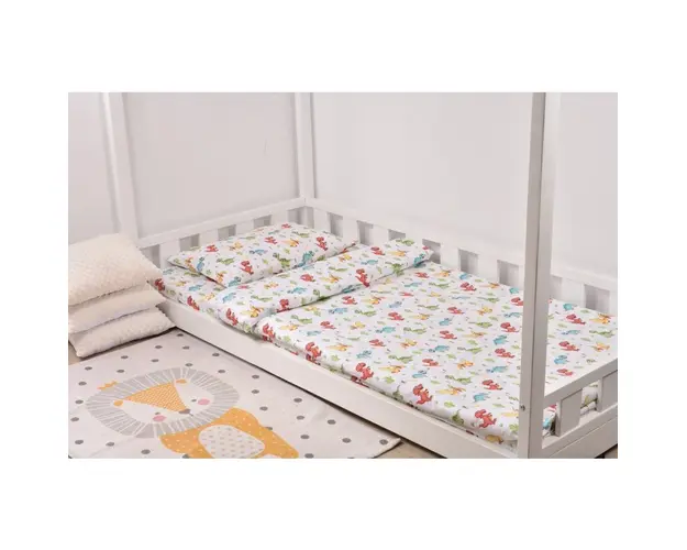 Lenjerie 3 piese pat casuta Montessori, 1 persoana 90x200 cm model dinozauri