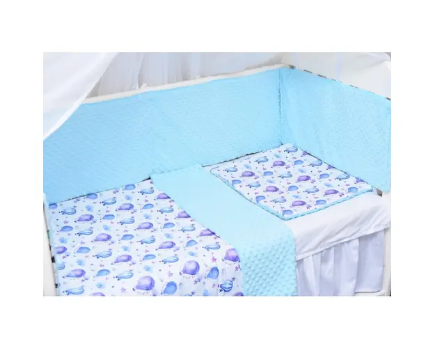 Lenjerie 3 piese patut 120x60 cm model baloane si plus minky bleu