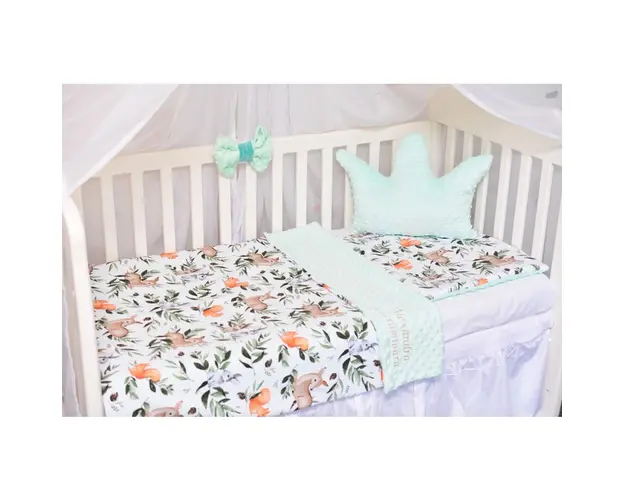 Lenjerie 3 piese patut 120x60 cm model caprioare si plus verde menta