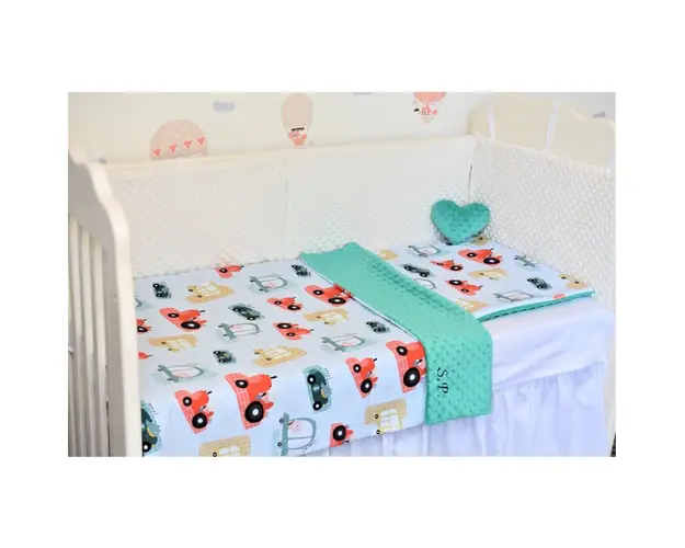 Lenjerie 3 piese patut 120x60 cm model masinute si plus minky turquoise