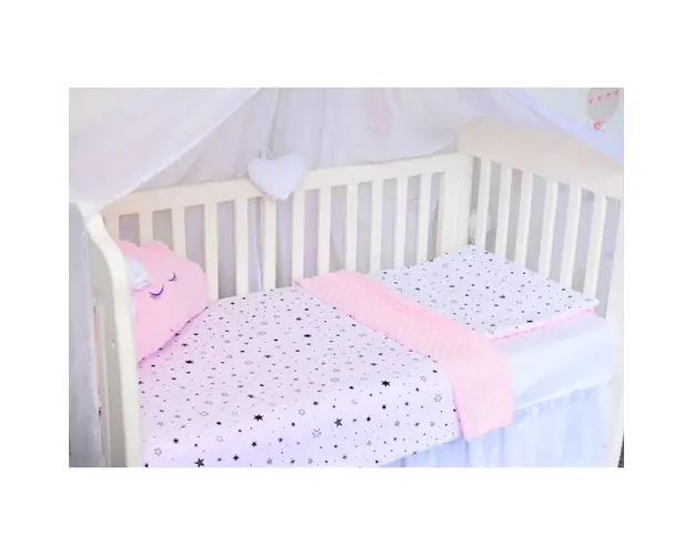 Lenjerie 3 piese patut 120x60 cm model stelute si plus minky roz pal