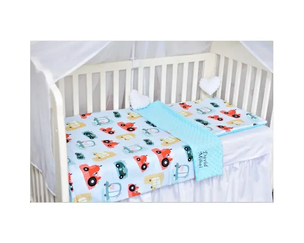 Lenjerie 3 piese patut 140x70 cm model masinute si plus minky bleu