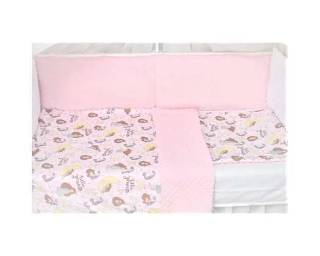 Lenjerie 3 piese patut 140x70 cm model printese si plus minky roz