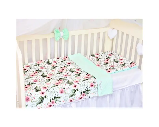 Lenjerie 3 piese patut 140x70 cm model trandafiri si plus minky verde menta