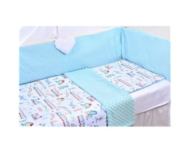 Lenjerie 3 piese patut 140x70 cm model trenulete si plus bleu