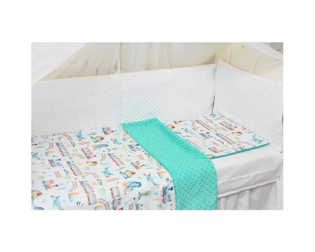 Lenjerie 3 piese patut 140x70 cm model trenulete si plus turquoise