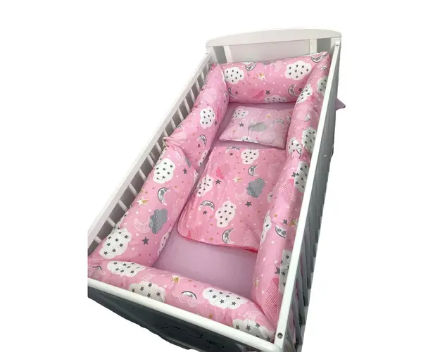 Lenjerie cu 6 bucati Perne Lungi protectii laterale patut 140x70 cm cearsaf paturica si pernuta Deseda Norisori roz