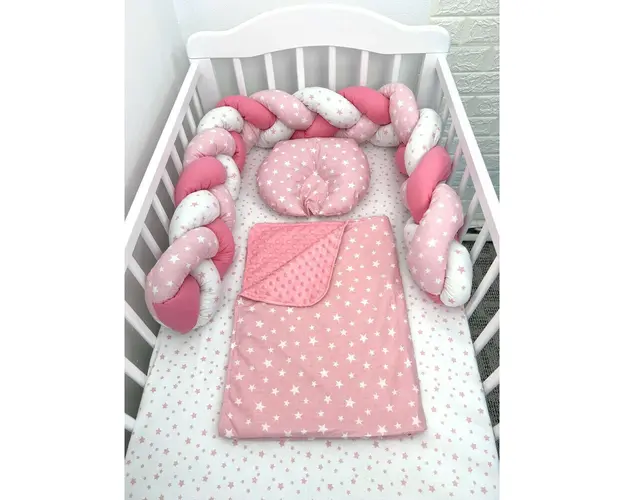 Lenjerie de pat 120x60 cm cu aparatoare impletita 180 cm Mix Stelute Roz