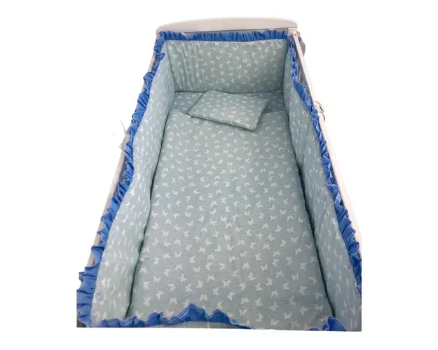 Lenjerie de patut bebelusi 120x60 cm 5 piese cu aparatori laterale pe burete CN Fluturasi pe albastru