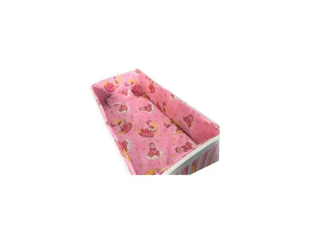 Lenjerie de patut bebelusi 120x60 cm 5 piese cu aparatori laterale pufoase CN Bunica Ursulet Roz