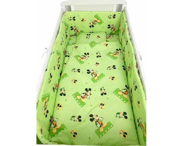 Lenjerie de patut bebelusi 140x70 cm 5 piese cu aparatori laterale pe burete CN Mickey pe verde
