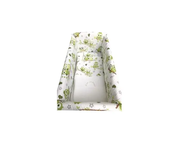 Lenjerie de patut bebelusi 140x70 cm cu aparatori Maxi Bufnite indragostite verzi