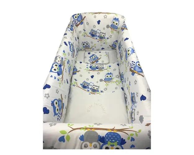 Lenjerie de patut bebelusi 140x70 cm cu aparatori Maxi Deseda Bufnite Albastre