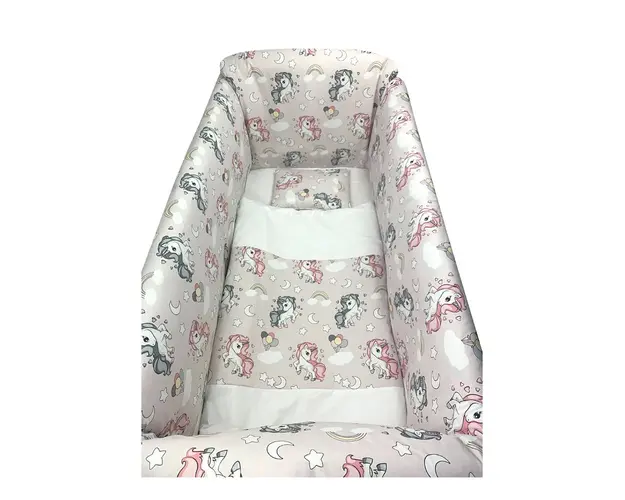 Lenjerie de patut bebelusi 140x70 cm cu aparatori Maxi Deseda Unicorni Roz