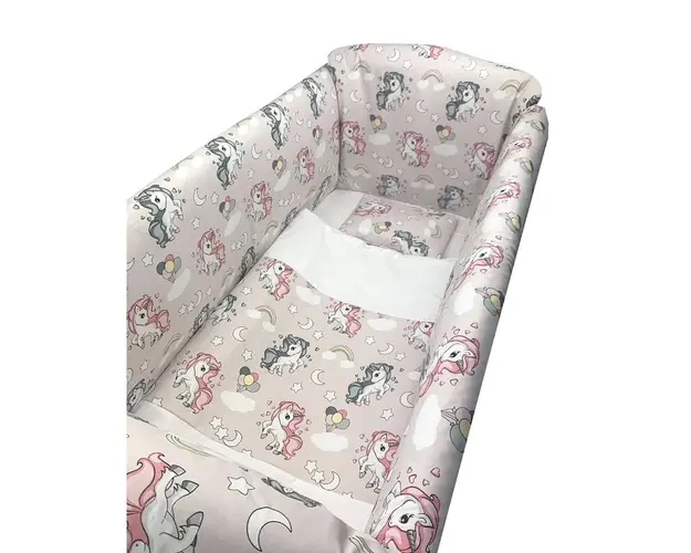 Lenjerie de patut bebelusi 140x70 cm cu aparatori Maxi Unicorni Roz