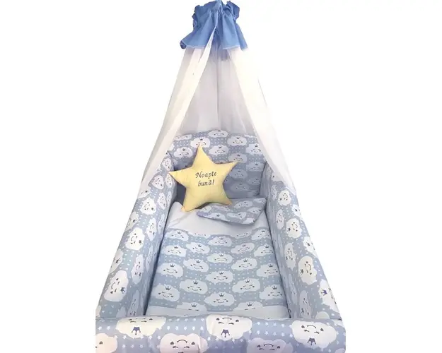 Lenjerie de patut bebelusi 9 piese pat 120x60 cm cu baldachin si aparatori Maxi Deseda Steluta Noapte buna Albastru