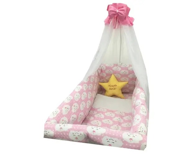 Lenjerie de patut bebelusi 9 piese pat 140x70 cm cu aparatori si baldachin Maxi Deseda Steluta Noapte buna Roz