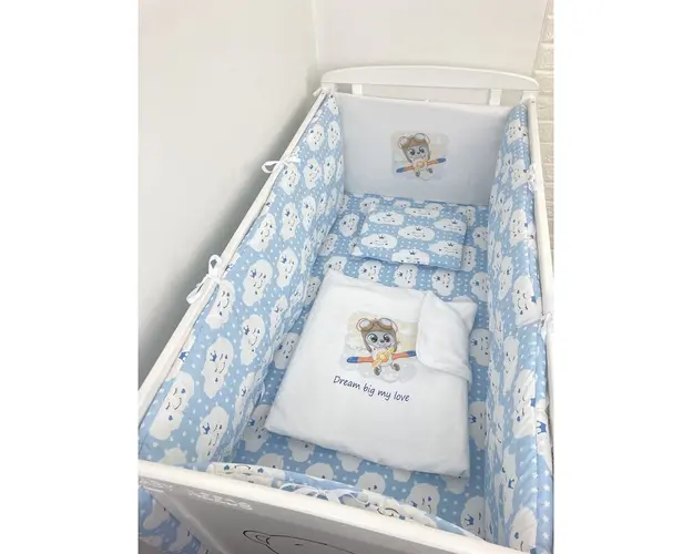 Lenjerie de patut bebelusi Personalizata imprimata 120x60 cm Norisori zambareti albastrii - Avion