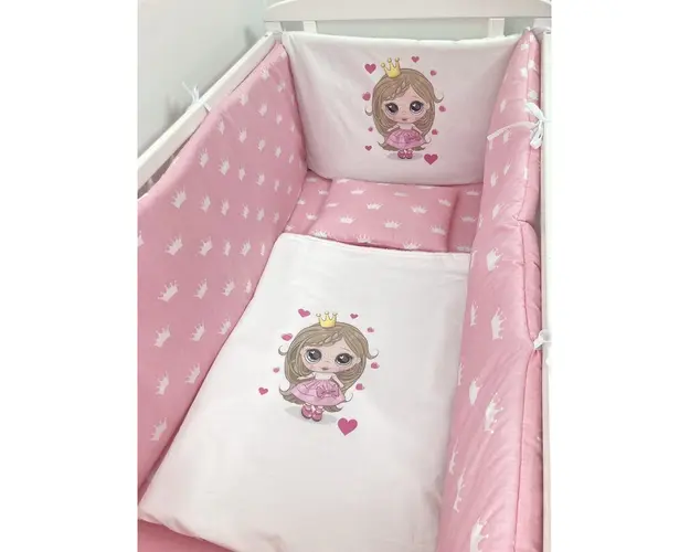 Lenjerie de patut bebelusi Personalizata imprimata 120x60 cm Printesa cu coronite albe pe roz
