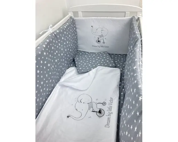 Lenjerie de patut bebelusi Personalizata imprimata 120x60 cm Stelute albe pe gri -Elefantel