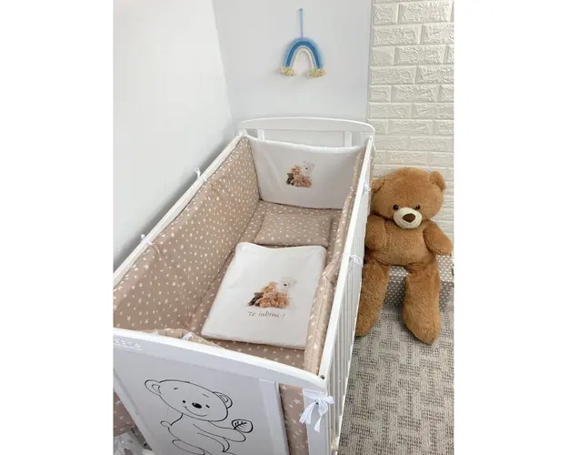 Lenjerie de patut bebelusi Personalizata Imprimata pat 120x60 cm Stelute pe bej Ursuleti