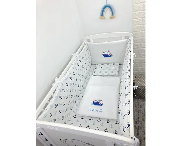 Lenjerie de patut bebelusi Personalizata Imprimata pat 140x70 cm Ancore