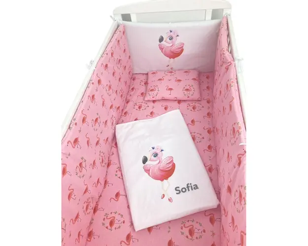 Lenjerie de patut bebelusi Personalizata Imprimata pat 140x70 cm Flamingo