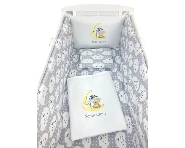 Lenjerie de patut bebelusi Personalizata Imprimata pat 140x70 cm Norisori zambareti gri - Ursulet