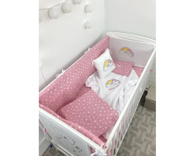 Lenjerie de patut bebelusi Personalizata Imprimata pat 140x70 cm Stelute pe roz Unicorn cu curcubeu
