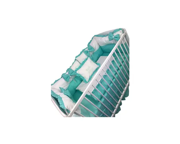 Lenjerie de patut cu 6 aparatori pufoase Alb-verde menta pat 120x60 cm fundite plapumioara perna si cearsaf cu volan