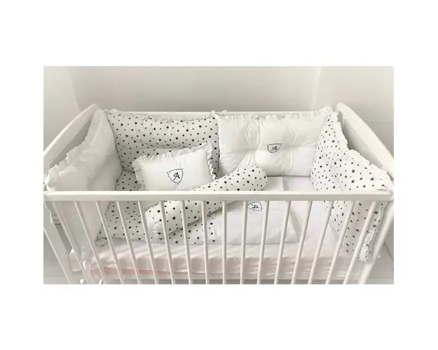 Lenjerie Personalizata cu monograma cu 10 piese pat 140x70 cm Deseda Alb - Stelute bleumarin pe alb